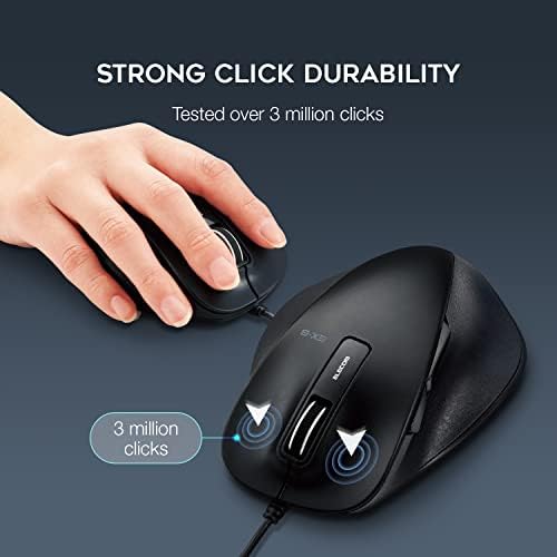 Жичен мишката ELECOM USB, Жичен мишка с тихо щракване на мишката, Ергономичен дизайн, 5 бутона, за Windows и Mac, Голям размер (M-XGL10UBSBK-US)