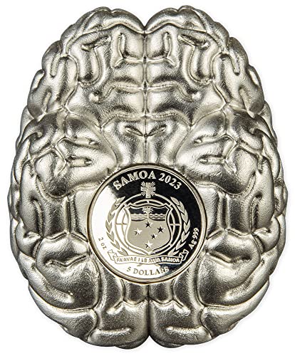 2023 DE Модерна Възпоменателна Сребърна монета PowerCoin Brain 3d форма 2 Унции 5 $ Самоа 2023 Proof