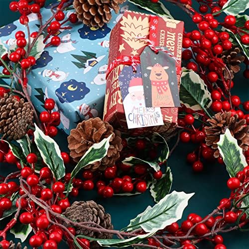 Uoeo 6 МЕТРА Червена Плодове Венец Коледна Украса Изкуствена Плодове Венец от Борови Копче, Листа от Евкалипт, Селски Венец от