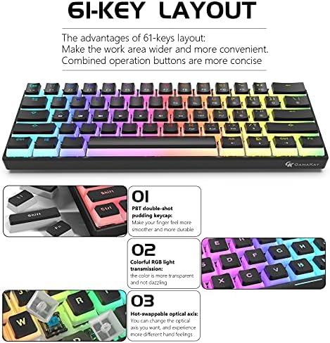 Клавиатура GK GAMAKAY MK61 RGB Пудинг, 61 Клавиша, оптичен превключвател, Gateron, капачки за комбинации PBT Пудинг, Ультракомпактная жичен детска клавиатура с подсветка с възмож