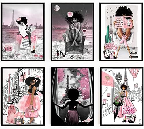 6 Броя Афроамериканского Стена на изкуството Черна Момиче Розово Модерен Декор на Стените на Момичето-Тийнейджър Жена Модерна Баня