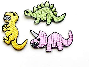Та комплект от 3 Малки. Мини T-rex Стегозавр Трисератопс Динозавър Пастелни Сладки Мультяшные Ивици, Дойде Желязо, Бродирана