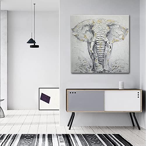 Ръчно Рисувани с маслени Бои във формата на животни - Голяма Абстрактен Слон От Златно Фолио, Канава Квадратен Фон, Съвременна
