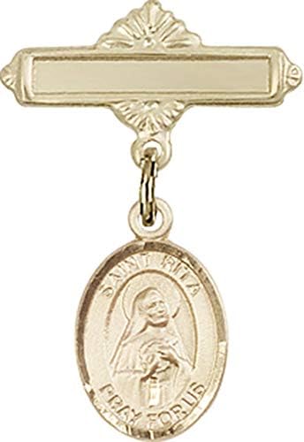 Детски икона Jewels Мания с чар Свети Рита от от касия и полирани игла за бейджа | Детски иконата със златен пълнеж с чар Свети