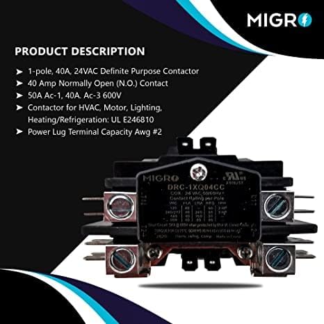 Migro 40 Amp 1 Щифта на контактор NEMA 600V ОВК за тежки условия на работа за Определено предназначение – макара 24, натоварване на двигателя