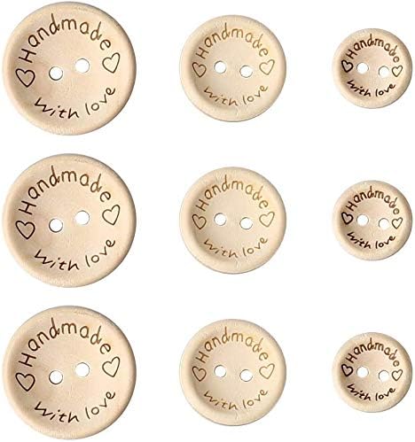 300 Броя Дървени Копчета Ръчно изработени с любов Кръгла форма за Бродерия с 2 дупки (15,20,25 мм)