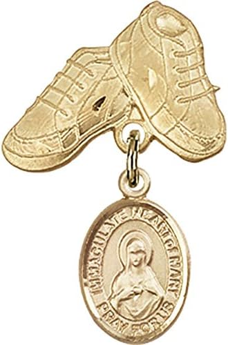иконата на бебето от Жълто злато 14 карата с чар Непорочното сърце на Мария и игла за детски сапожек размер 1 X 5/8 инча
