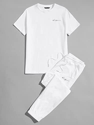 FIOXA Комплект дрехи от две части за мъже, тениски с бродирани букви и странични джоггеры с джобове (Цвят: бял, Размер: Голям)