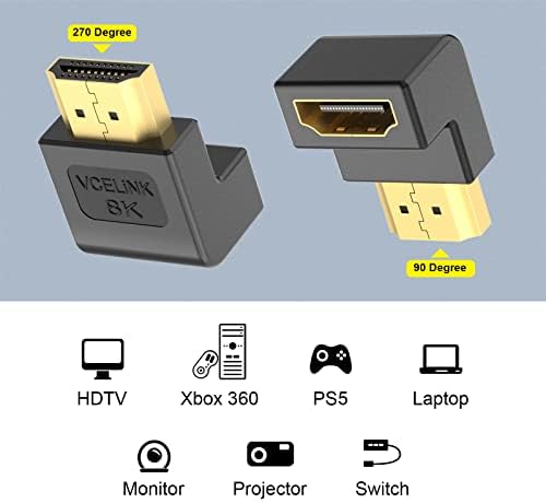 Адаптер VCELINK 8K HDMI 90 градуса и 270 градуса, Правоъгълен адаптер за HDMI за мъже и жени, Кабелен адаптер HDMI 2.1 с 8K