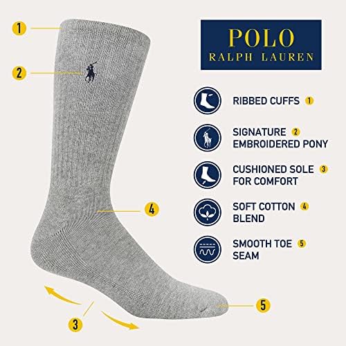 Мъжки Класически спортни Обикновена чорапи POLO RALPH LAUREN за екипажа - 6 Чифта В опаковка-Комфорт от памук Със спортен