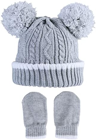 Хлапето първите стъпки /Комплект шапки и Варежек за деца, Мека Вязаная Шапчица с двойно помпоном и Ръкавици за Бебета - Аксесоари за студено