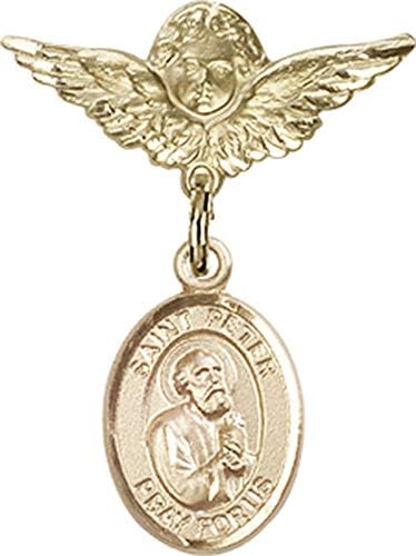 Детски икона Jewels Мания за талисман на Апостол Свети Петър и пин Ангел с крила | Детски иконата със златен пълнеж с талисман