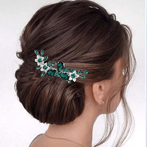 Гребени за коса на булката със зелен кристал, сребърни цветя, сватбени гребени за коса, сватбени аксесоари за коса с кристали за