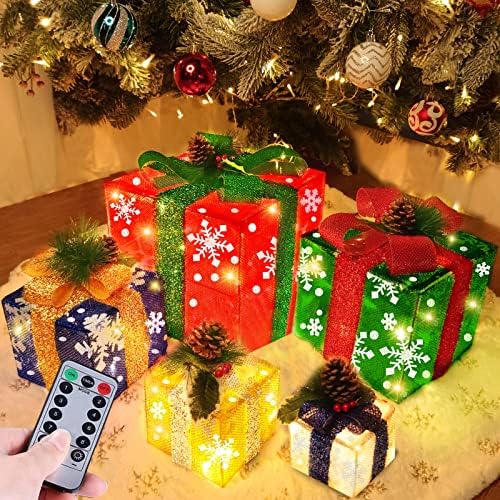 [ Много Големи и 5 опаковки ] 12-10-8-7-6 Коледни Подаръчни Кутии с Осветление, Орнаменти, Таймер, 8 Режима на Управление,