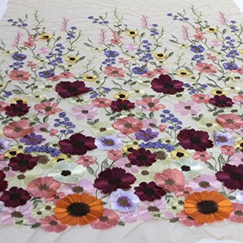 47Цветни 3D цветя на бежевом мека тюле, лейси плат с бродерия двор (Бежов тюл, 4 ярд)