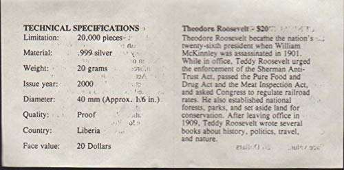 2000 LR Бюст на Теодор Рузвелт на стойност 20 долара Превъзходно Доказателство Скъпоценен камък DCAM