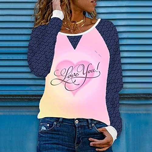 WordArt I Love You Блузи, Дамски Модни Ризи с дълъг ръкав За момичета, Сладка Розова Туника с Шарени Сърце, Тениска, Лейси Блуза