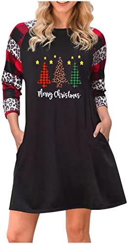 JJHAEVDY/ Дамски Ежедневни Просто Тениска с Коледните принтом и Дълъг Ръкав, Свободно Рокля Трапецовидна форма, С кръгло деколте, Ежедневна рокля