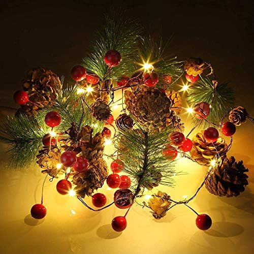 Коледна Гирлянда с дължина 6,5 метра, с Осветление за Коледна украса за дома - Червени Плодове Борова Шишарка, Коледна Гирлянда с Подсветка,