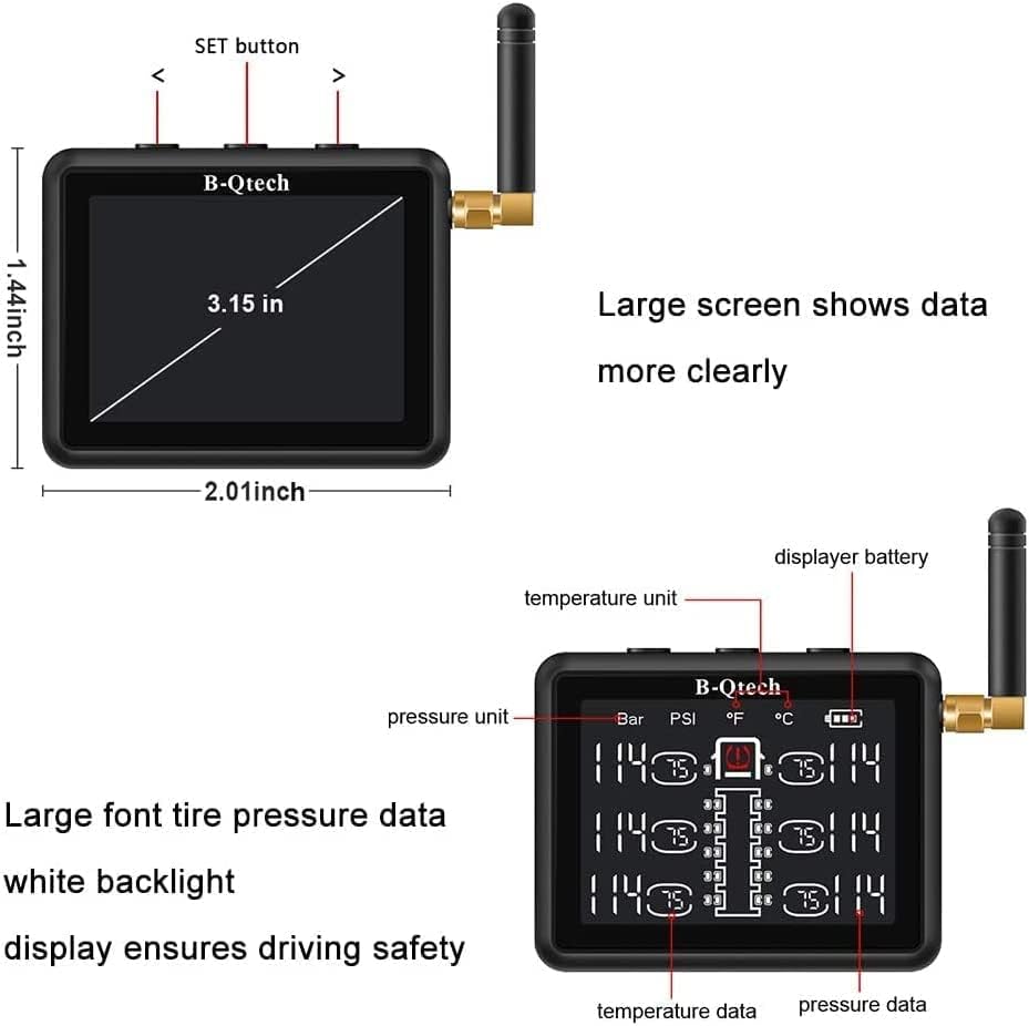 Безжична система за контрол на налягането в гумите B-Qtech RV TPMS (0 ~ 232PSI) с 6 сензори, за кемпери с ремарке, пълен изглед екран