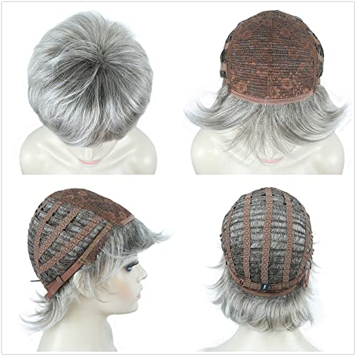 Aimole Къса многослойни перуки с масова вълна, синтетичен женски перука с гъста коса (48 Т сив цвят с тъмни корени)