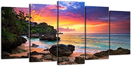 Стенно изкуство PIY на Платното за всекидневната, Красиви Плажни Картини със Залеза на платно (Мулти, 5 Панели, Големи, 32x60