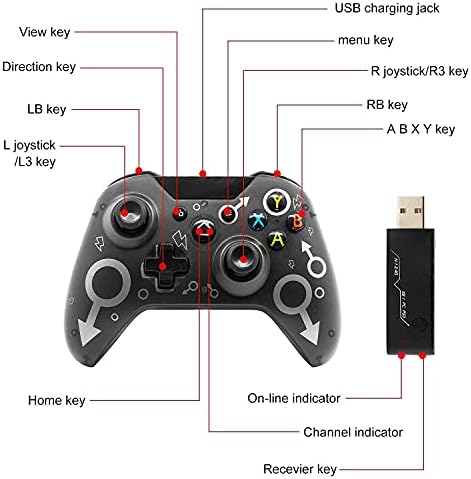 Безжичен контролер за Xbox One/Xbox One S/Xbox One X/Xbox Series X/PS3/PC, Безжичен гейм контролер 2,4 G с двойна вибрация, Черен