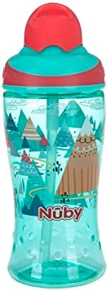 Непроливающаяся чаша Nuby Жадни Kids с принтом Flip-it Boost и фина, мека соломинкой - 12 унции, на възраст от 18 месеца, 1 опаковка (Adventure Mountains Аква)