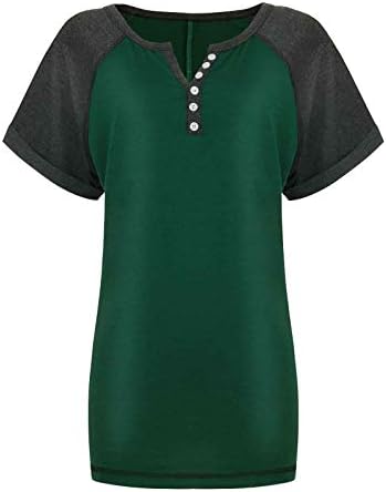 DSFVUS Модни Дамски Однотонная Тениска с V-образно деколте и копчета, Срастване на Цветен блок, Ризи с ръкави-Ролята, Свободни Блузи