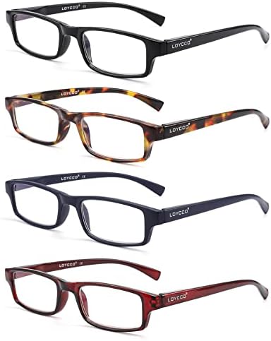 Loycco 4 Опаковки Тесни Правоъгълни Очила За четене, Блокиране на Синя Светлина, Дамски И Мъжки Леки и Компактни Очила За четене, Компютърни