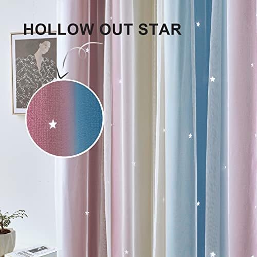 Затемняющие завеси в цветна ивица със звездна деколте indistar за спални, Смесен дизайн плат и тюл в 2 слоя, Красива Завеса на прозореца
