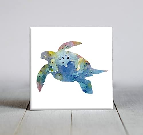 Синя Морска Костенурка Абстрактна, Акварел Художествена Декоративни плочки (4.25 X 4.25)