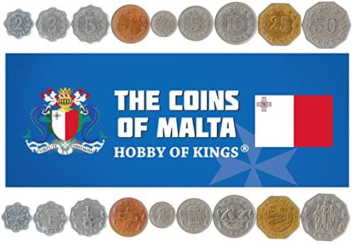 9 Монети с Малта | Колекция малтийски монети 2 3 5 Mils 1 2 5 10 25 50 цента | В обращение 1972-1982 | Делфини | Пчела | Паметник на