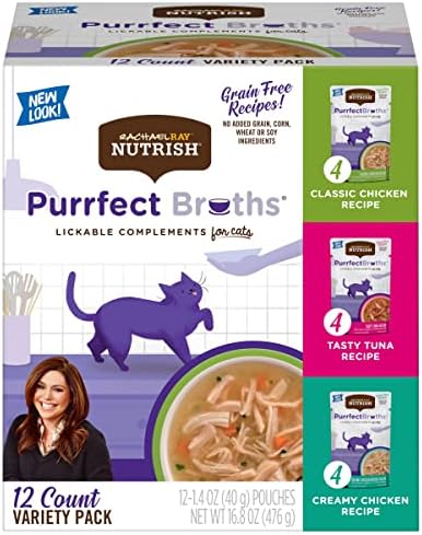 Рейчъл Рей Пиле Nutrish с кафяв ориз 14 кг Суха Храна за котки + комплект бульони Purrfect Variety 1,4 грама (опаковка от 24 броя)