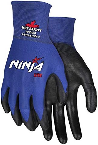 Работни ръкавици MCR Safety Small Ninja Lite 18 Калибър От черен полиуретан, Без латекс С покритие на дланта и върховете на пръстите си С найлон