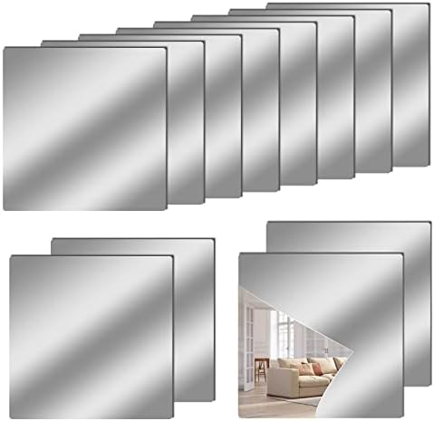 Акрилни Гъвкави Огледални листа 12 x 12, 12 Опаковки, Самозалепващи Огледалните Плочки, Квадратни Огледално Стикери за Стена,