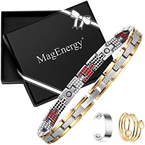 Титан Гривна MagEnergy с 4 елемента (276 бр.) и Медни пръстени за жени с луксозна подаръчна кутия, Гривна в магнит за жените,
