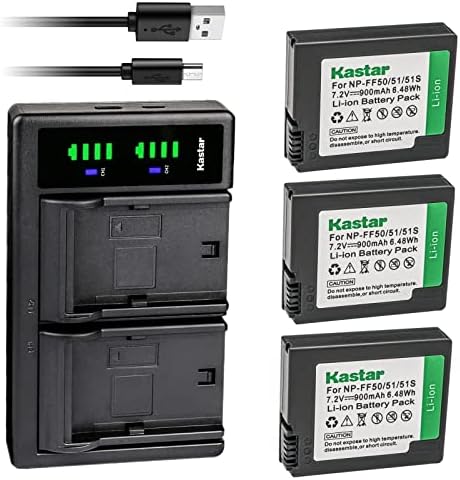 Батерия Kastar 3-Pack NP-FF50 и USB-зарядно устройство LTD2 Съвместима с батерии Sony NP-FF50, NP-FF51, NP-FF51S, камери Sony DCR-PC108,
