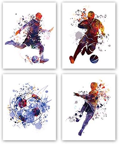 XUN Акварел разпечатки за момчета в стил футбол - Футболен силует, Спортна тема, Платно, Стенно изкуство (8 X10X4 бр., без рамка) - идеален