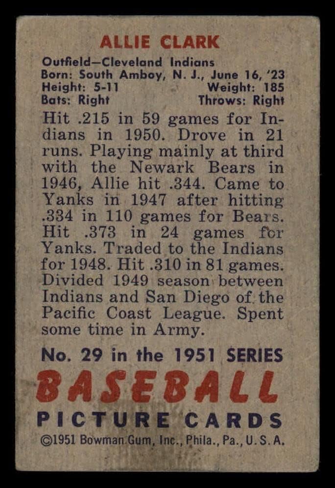 1951 Боуман 29 Ели Кларк Кливланд Индианс (Бейзболна картичка) VG Indians
