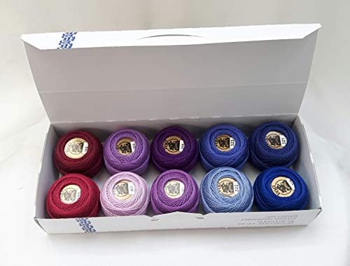 Конци за бродиране от памук Vog© Perle Размер на 8 - Набор от 10 глобули (10 грама) - Лилаво, Бордо и синьо нюанси (Colunm № 3)