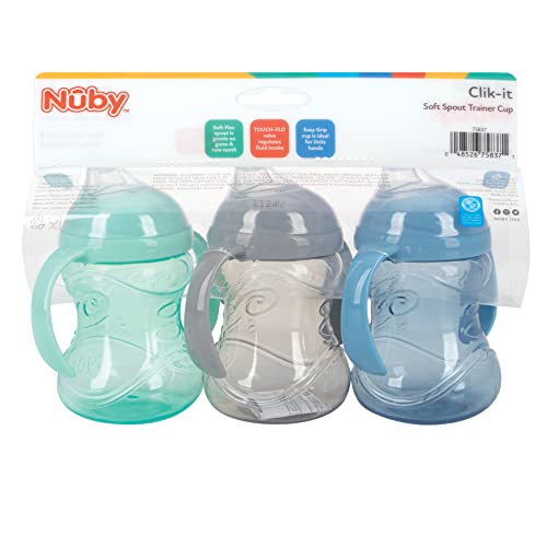 Чаша за тренировка с мек накрайник Nuby Clik-it, 3 опаковки, 4 + М, Без бисфенол А, Неутрални цветове