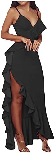 SERYU Дамско Модно Дълга Рокля с V-Образно деколте и Висока Цепка на Бретелях с пайети и отворен гръб