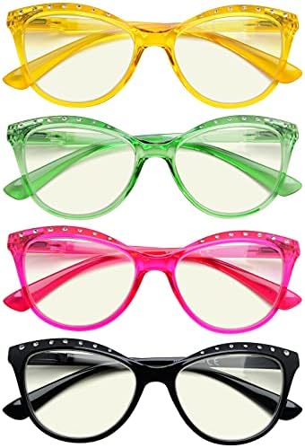 CessBlu 4 Опаковки Синьо-Екранировка на Очила за четене за Жени Котешко око, Дамски Очила с Кристали + 2.0