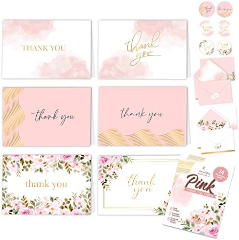 24 Розови Благодарственных Картичка със златен печат на Пликове, Розови Благодарствени Картички с размери 6х4 инча, Благодарствени