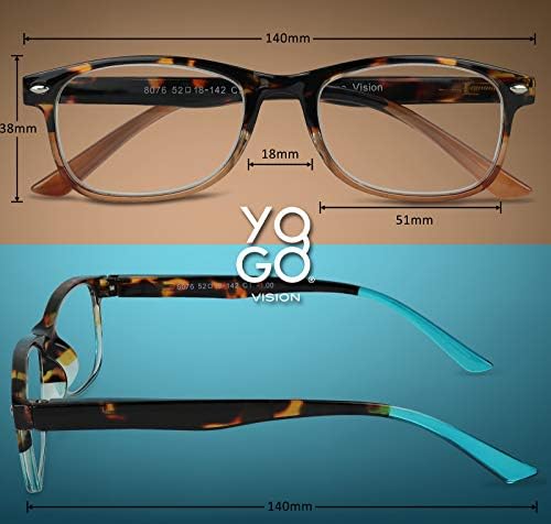 Очила за четене Yogo Vision Light Blue за мъже и жени, два цвята ридеры Havana Rectangle, сбор от 5 + 3