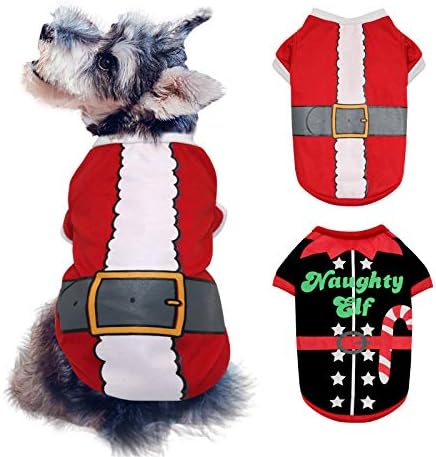 BWOGUE 2 Опаковане на Коледни Тениски за кучета, Риза за малки Кученца с принтом Костюм на дядо коледа и Елф, Ризи за домашни любимци,