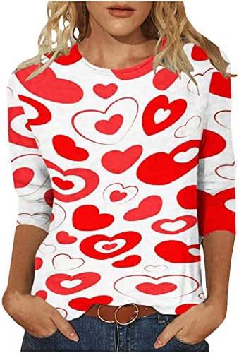 Ризи за Ден на Свети Валентин с Принтом Сърцето при Жените, Тениска с Кръгло Деколте и 3/4 ръкав, Приталенная Блуза, Тениска,