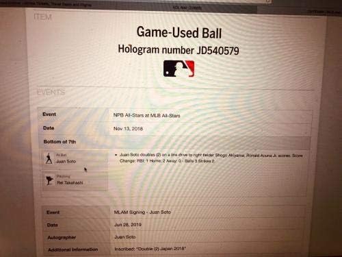 Двойна начинаещ RBI Хуан Сото (2) -Япония -Acuna - Холограма на MLB с автограф на САЩ - Използваните бейзболни топки на MLB