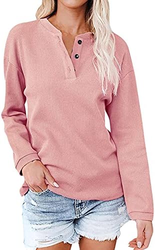 Дамски ежедневни ризи Henley, обикновен пуловер с кръгло деколте и копчета, блуза свободно намаляване с дълъг ръкав, потници
